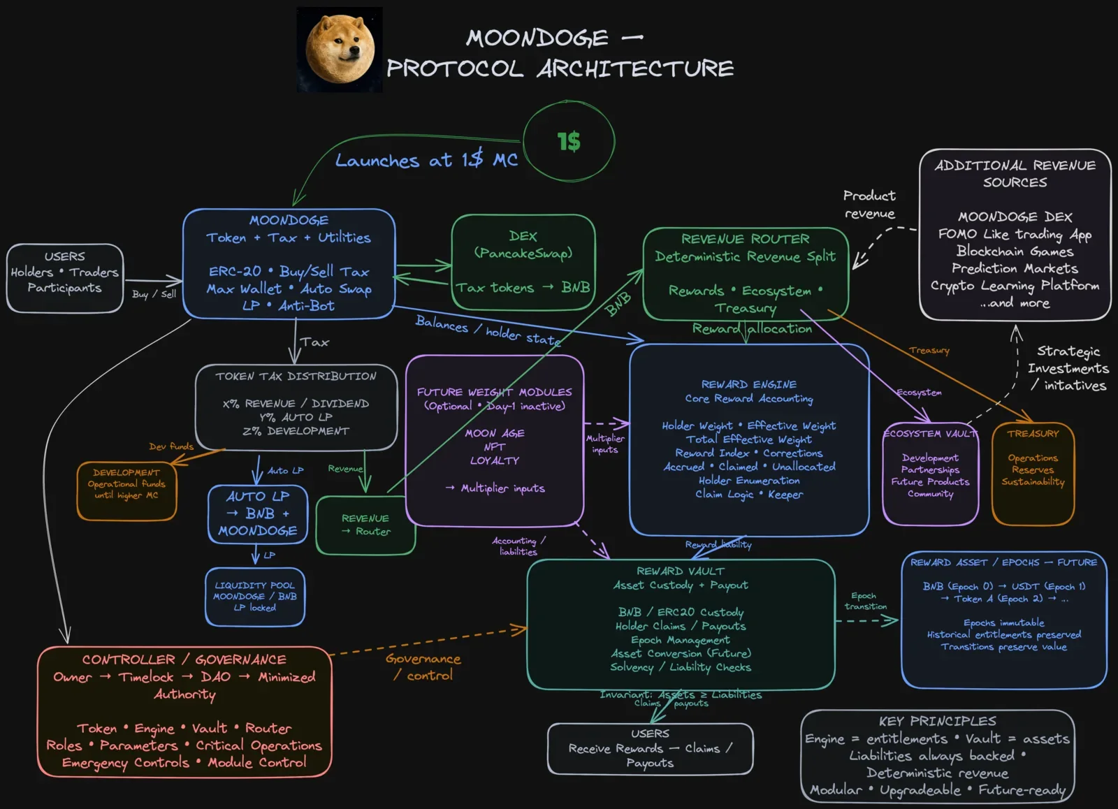 MoonDoge protocol architecture: token, DEX, revenue routing, Reward Engine, Reward Vault, governance and future modules.